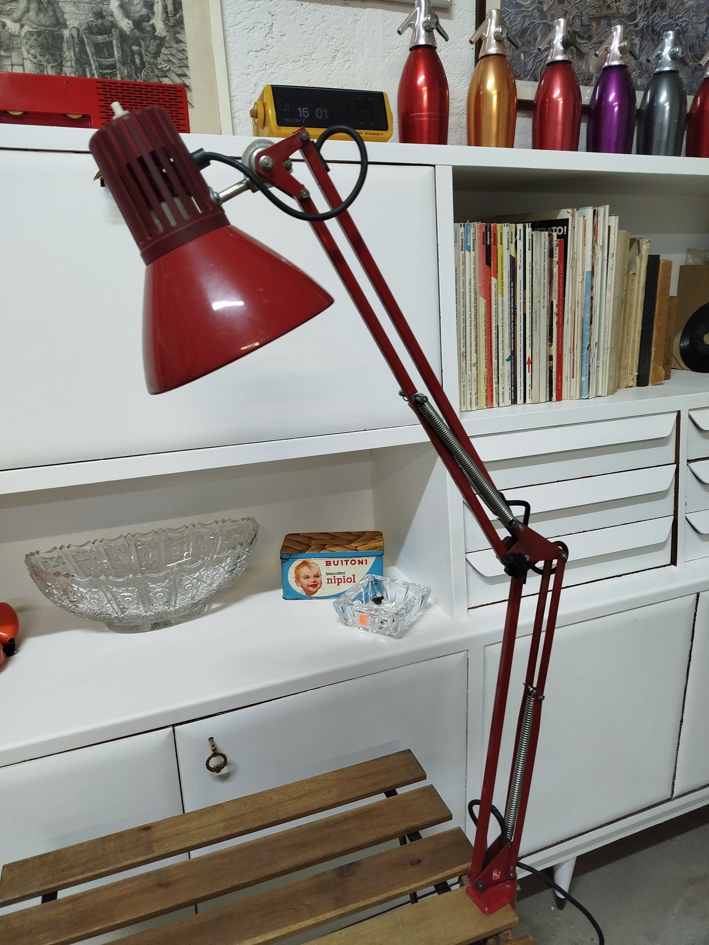 Lampada Snodabile Vintage Rimsa Industriale Ministeriale Officina Rosso Con Morsetto