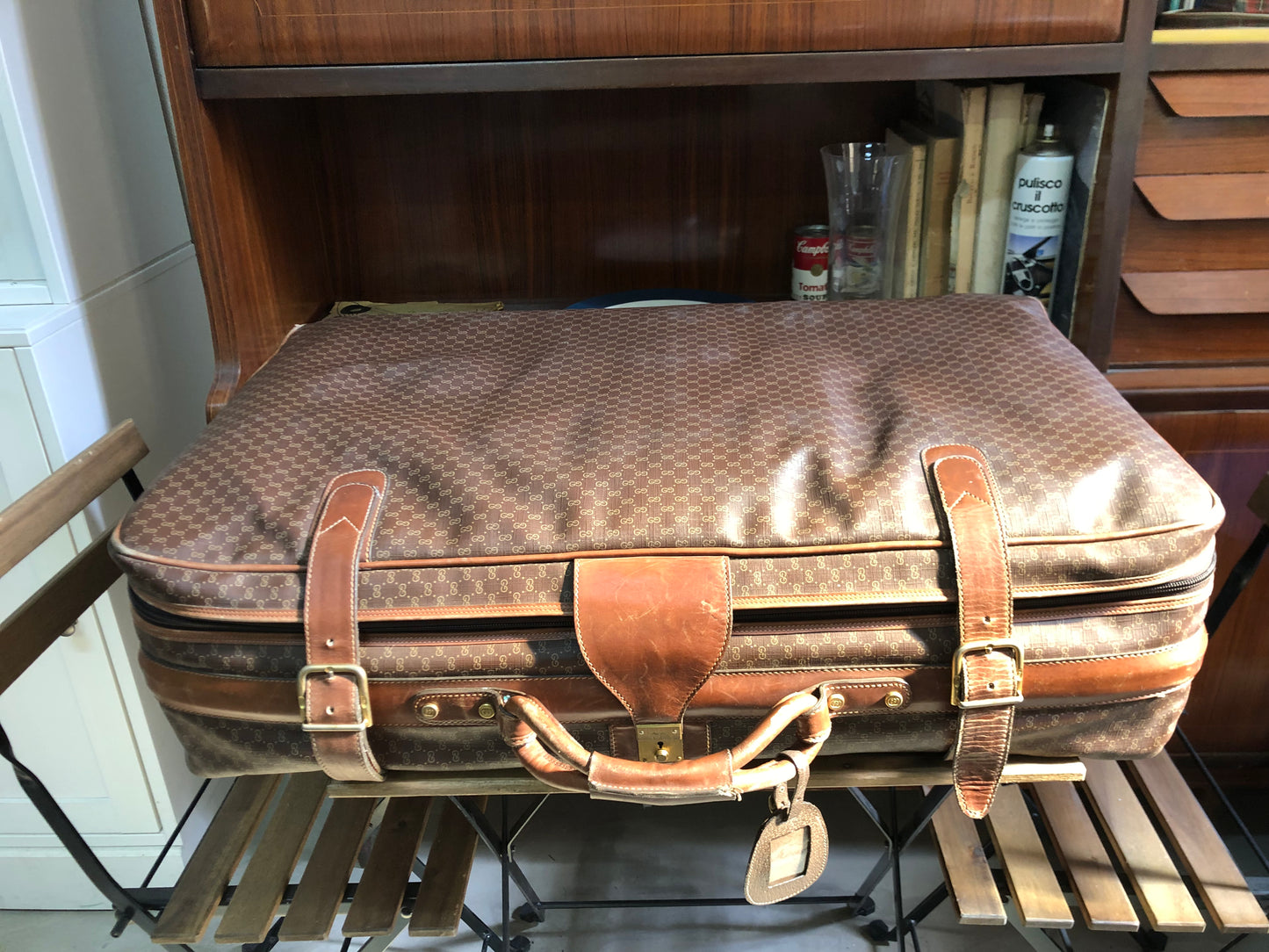 Valigia Viaggio Uomo Gucci Originale Vintage Anni 70 Tessuto e Pelle Colore Marrone Inserti in Cuoio
