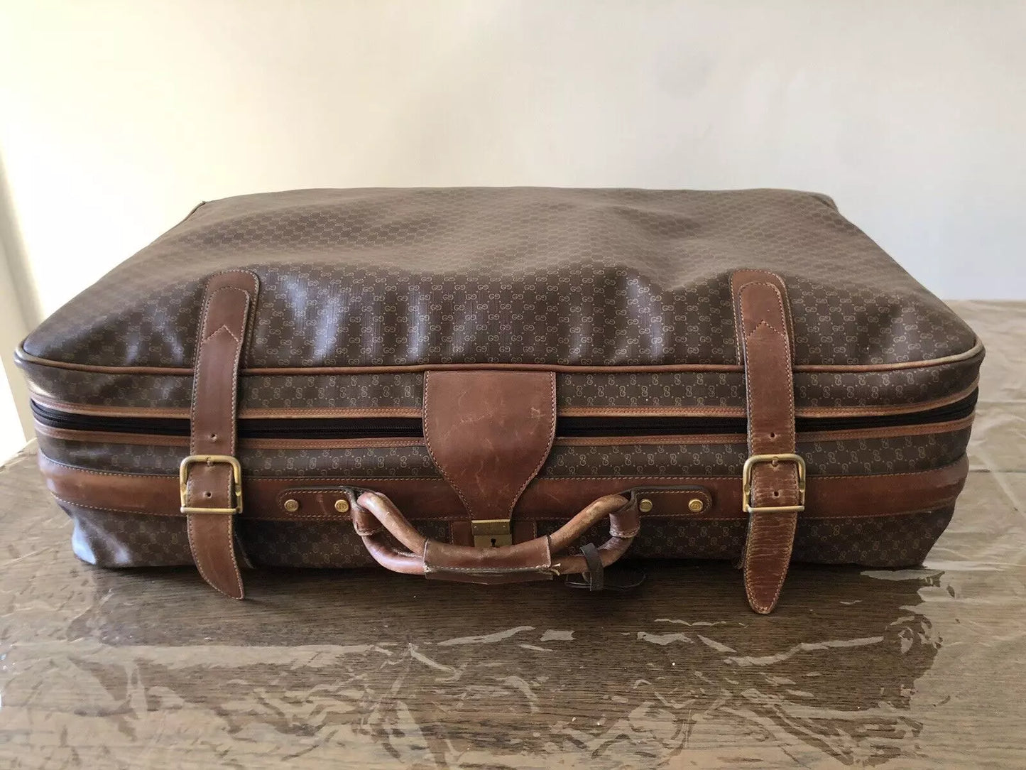 Valigia Viaggio Uomo Gucci Originale Vintage Anni 70 Tessuto e Pelle Colore Marrone Inserti in Cuoio