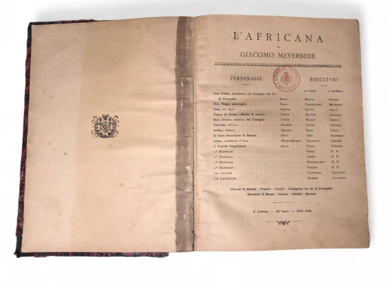 Antico Spartito L’Africana Opera In 5 Atti G. Meyerbeer Circolo Roma Bengasi