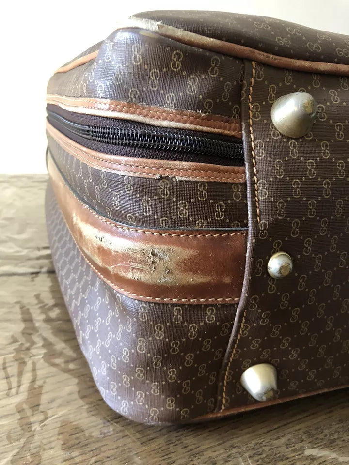 Valigia Viaggio Uomo Gucci Originale Vintage Anni 70 Tessuto e Pelle Colore Marrone Inserti in Cuoio