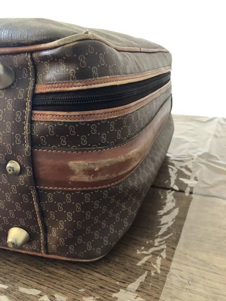 Valigia Viaggio Uomo Gucci Originale Vintage Anni 70 Tessuto e Pelle Colore Marrone Inserti in Cuoio