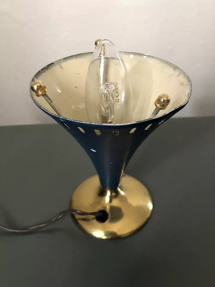 Lampada Da Tv Tavolo Vintage Epoca Anni 50 Blu Navy E Ottone Alluminio Con Base