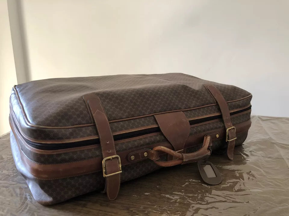 Valigia Viaggio Uomo Gucci Originale Vintage Anni 70 Tessuto e Pelle Colore Marrone Inserti in Cuoio
