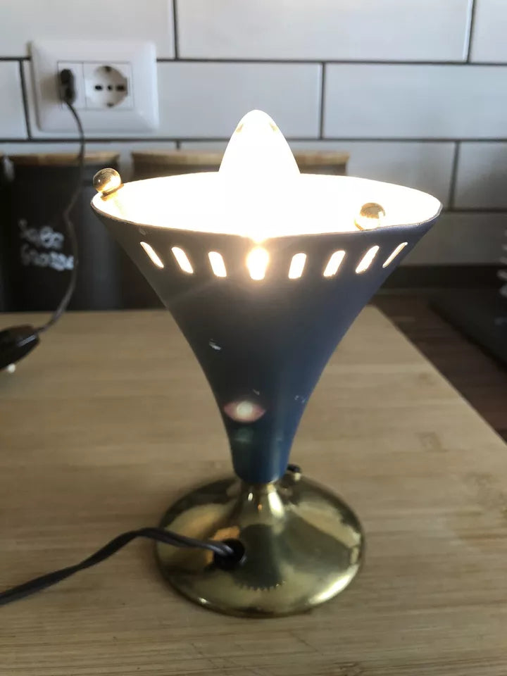 Lampada Da Tv Tavolo Vintage Epoca Anni 50 Blu Navy E Ottone Alluminio Con Base