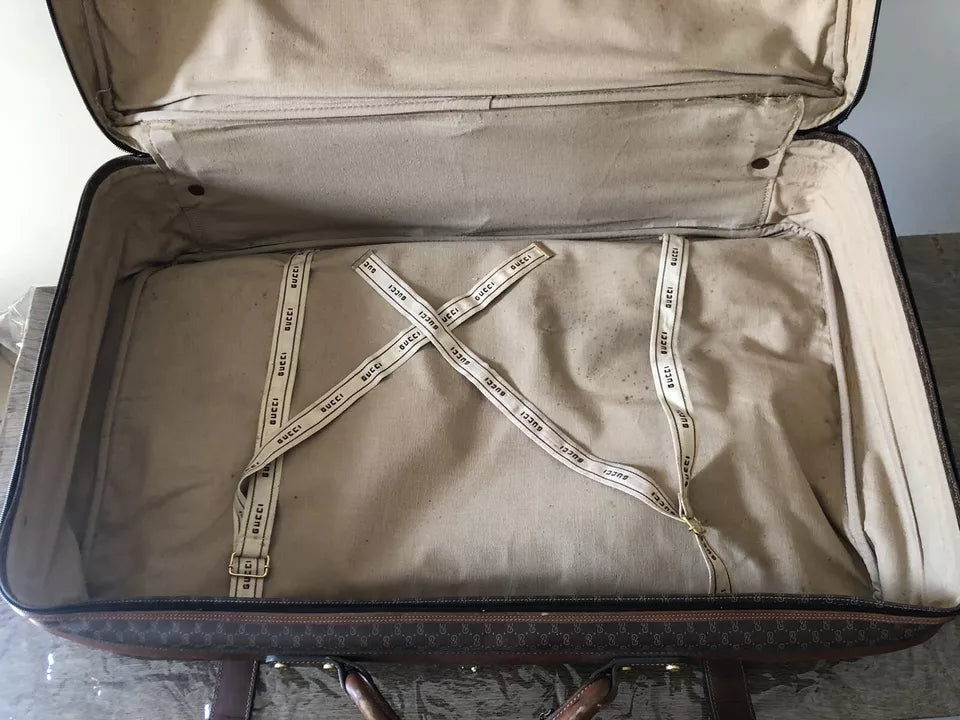 Valigia Viaggio Uomo Gucci Originale Vintage Anni 70 Tessuto e Pelle Colore Marrone Inserti in Cuoio