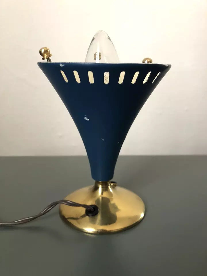 Lampada Da Tv Tavolo Vintage Epoca Anni 50 Blu Navy E Ottone Alluminio Con Base