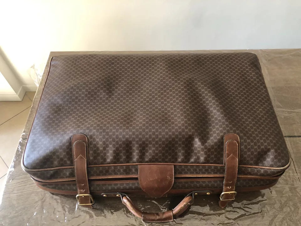 Valigia Viaggio Uomo Gucci Originale Vintage Anni 70 Tessuto e Pelle Colore Marrone Inserti in Cuoio