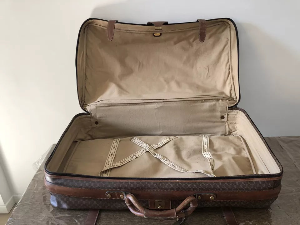 Valigia Viaggio Uomo Gucci Originale Vintage Anni 70 Tessuto e Pelle Colore Marrone Inserti in Cuoio