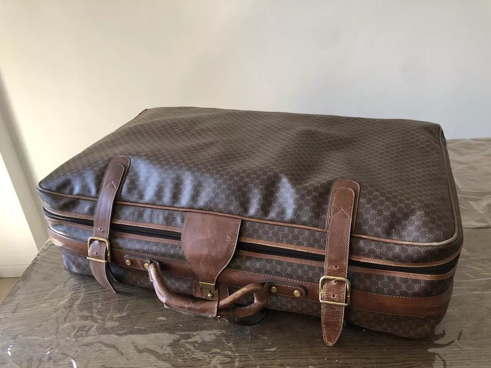 Valigia Viaggio Uomo Gucci Originale Vintage Anni 70 Tessuto e Pelle Colore Marrone Inserti in Cuoio
