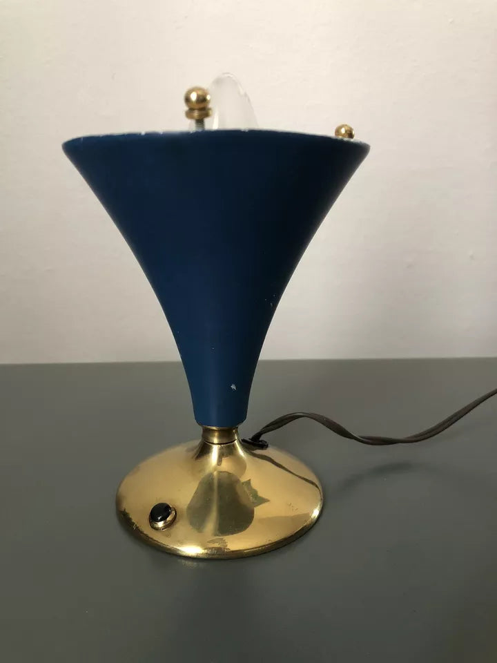 Lampada Da Tv Tavolo Vintage Epoca Anni 50 Blu Navy E Ottone Alluminio Con Base