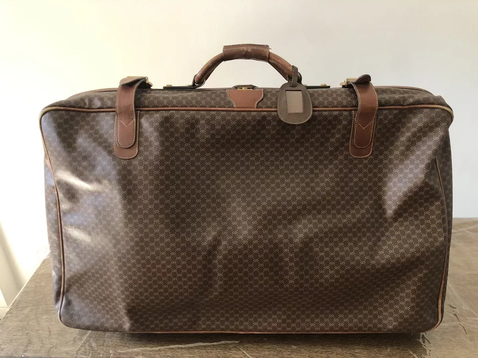 Valigia Viaggio Uomo Gucci Originale Vintage Anni 70 Tessuto e Pelle Colore Marrone Inserti in Cuoio