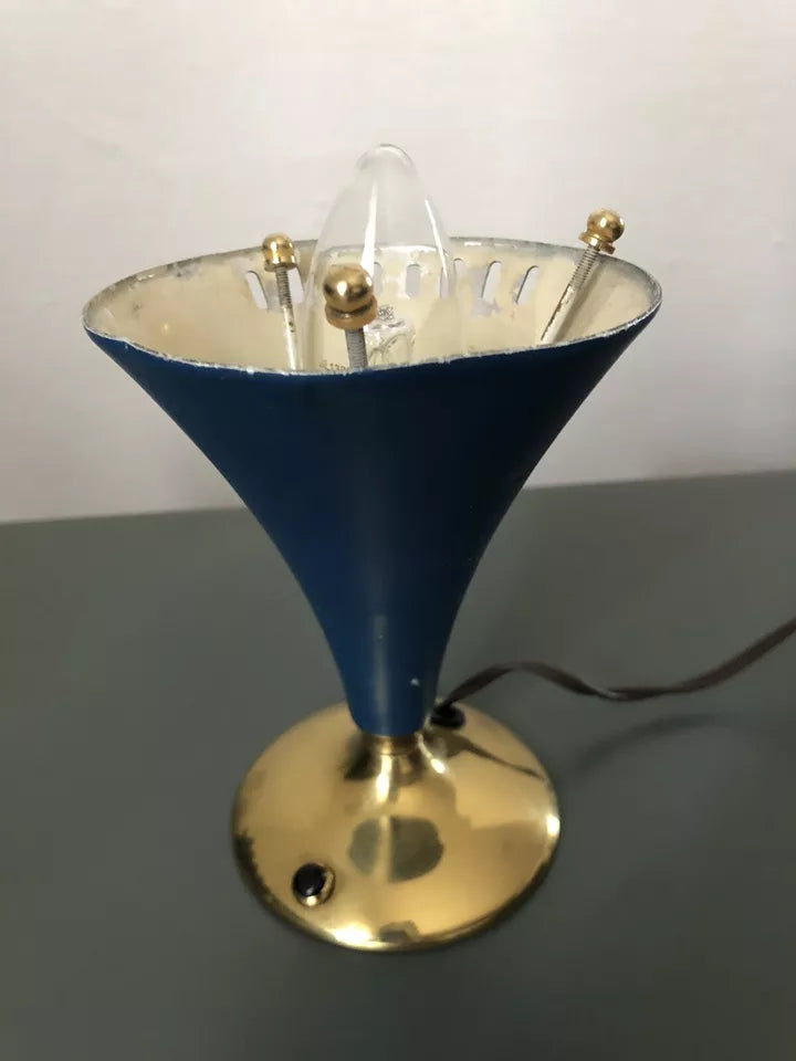 Lampada Da Tv Tavolo Vintage Epoca Anni 50 Blu Navy E Ottone Alluminio Con Base