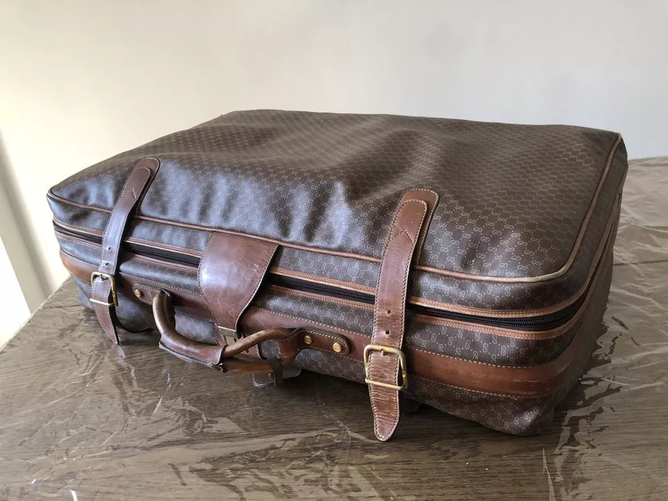 Valigia Viaggio Uomo Gucci Originale Vintage Anni 70 Tessuto e Pelle Colore Marrone Inserti in Cuoio