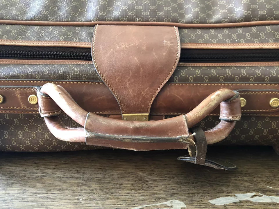 Valigia Viaggio Uomo Gucci Originale Vintage Anni 70 Tessuto e Pelle Colore Marrone Inserti in Cuoio