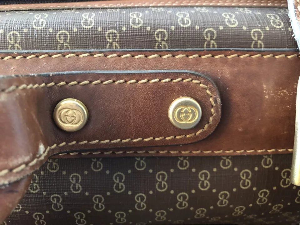 Valigia Viaggio Uomo Gucci Originale Vintage Anni 70 Tessuto e Pelle Colore Marrone Inserti in Cuoio