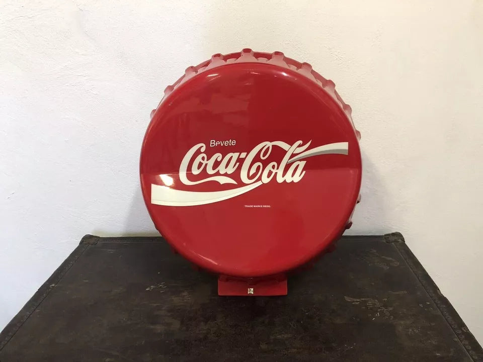 Insegna Coca Cola A Tappo Originale Rosso Con Base Appoggio Vintage Italiana