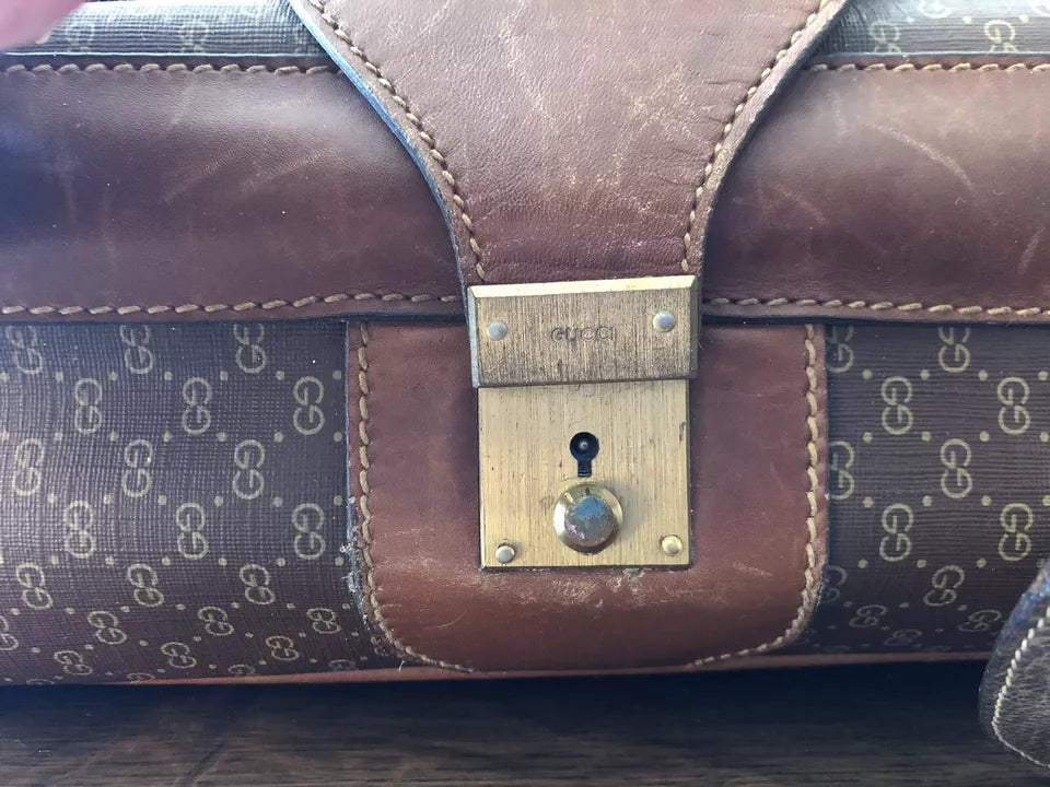 Valigia Viaggio Uomo Gucci Originale Vintage Anni 70 Tessuto e Pelle Colore Marrone Inserti in Cuoio