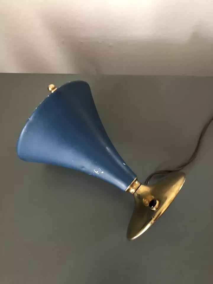 Lampada Da Tv Tavolo Vintage Epoca Anni 50 Blu Navy E Ottone Alluminio Con Base