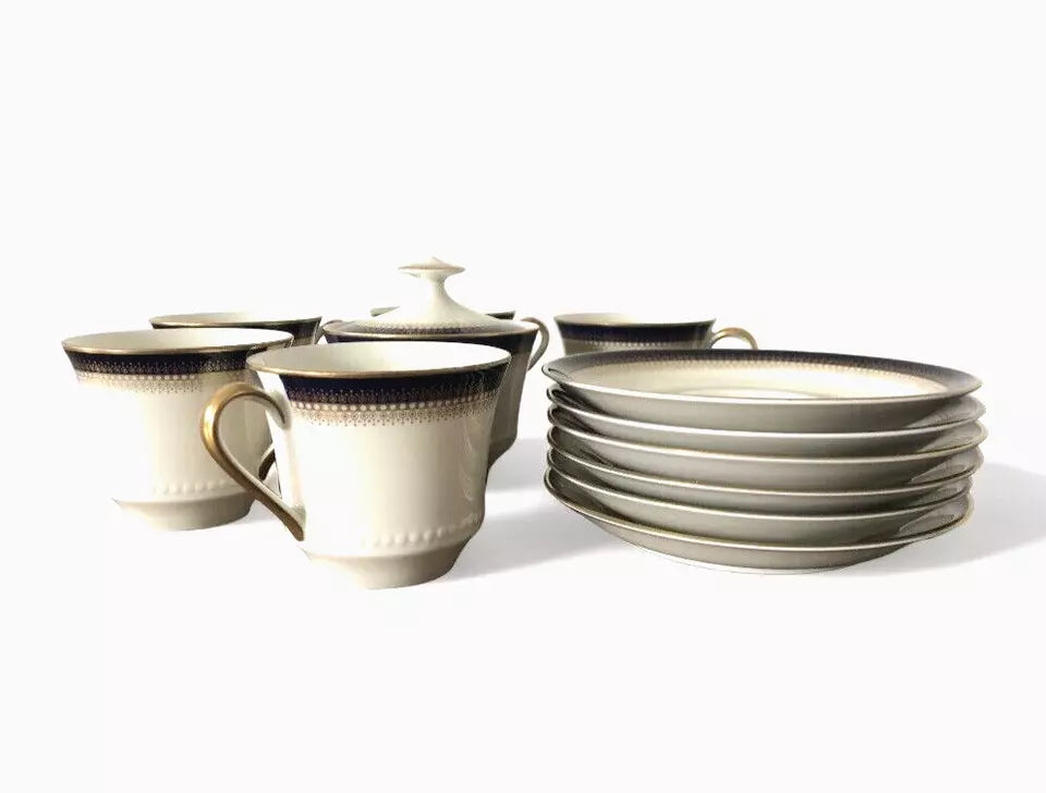 Servizio Da The Mitterteich Bavaria Vintage Oro e Blu Tazze Piattini Zuccheriera