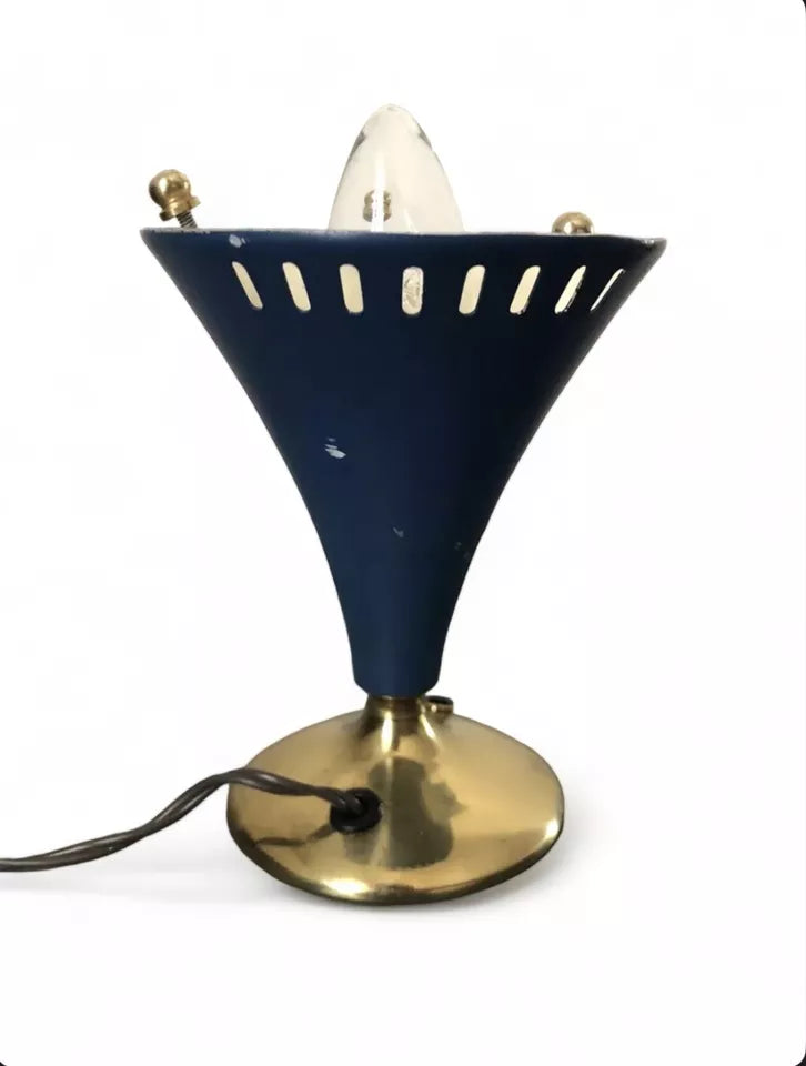 Lampada Da Tv Tavolo Vintage Epoca Anni 50 Blu Navy E Ottone Alluminio Con Base