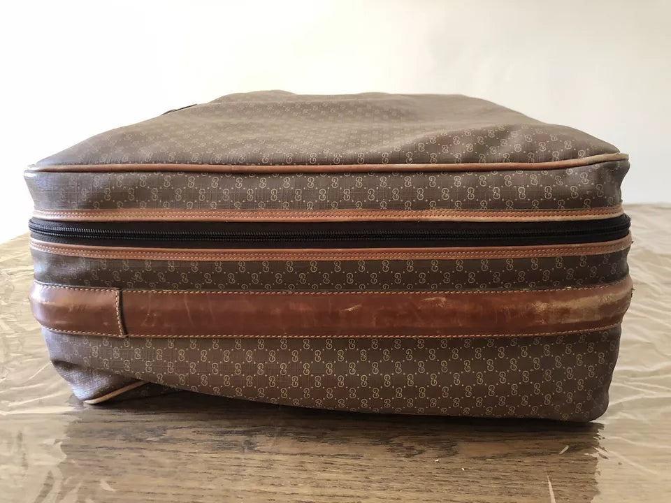 Valigia Viaggio Uomo Gucci Originale Vintage Anni 70 Tessuto e Pelle Colore Marrone Inserti in Cuoio
