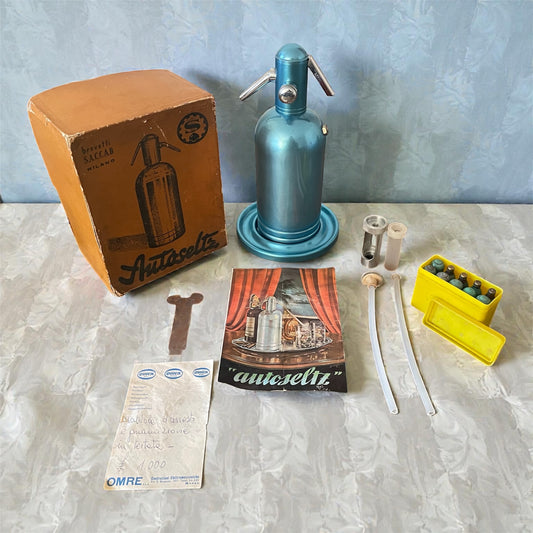 Seltz Sifone Autoseltz SACCAB Azzurro Design Sergio Asti Scatola Cartucce libretto istruzioni