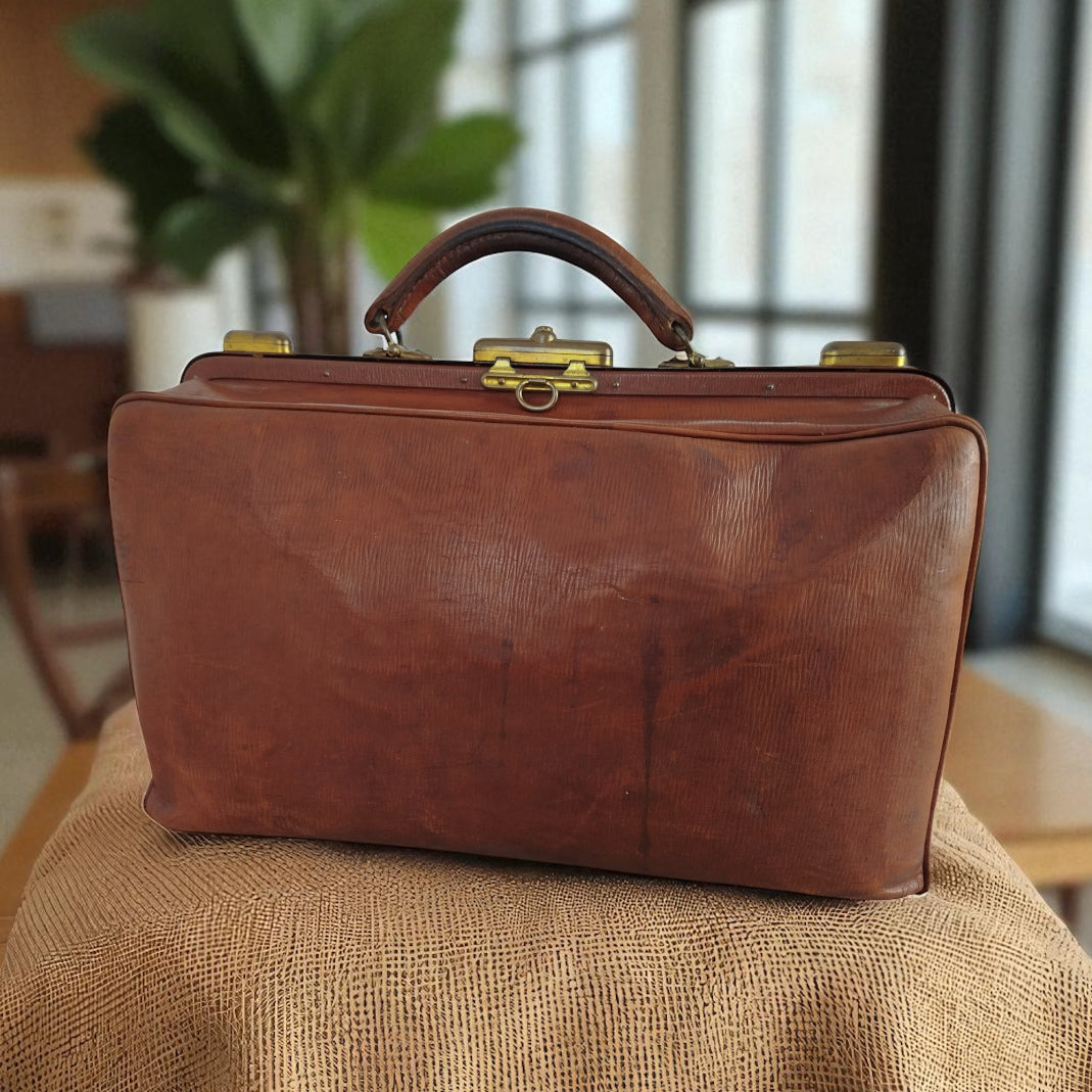 Borsone Cuoio Pelle Vintage Da Medico Marrone Vintage Epoca Da Viaggio A Mano