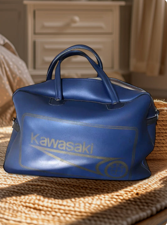 Borsone Borsa Vintage Brand Kawasaki e BMW Blu Ecopelle Tessuto Vintage Sport