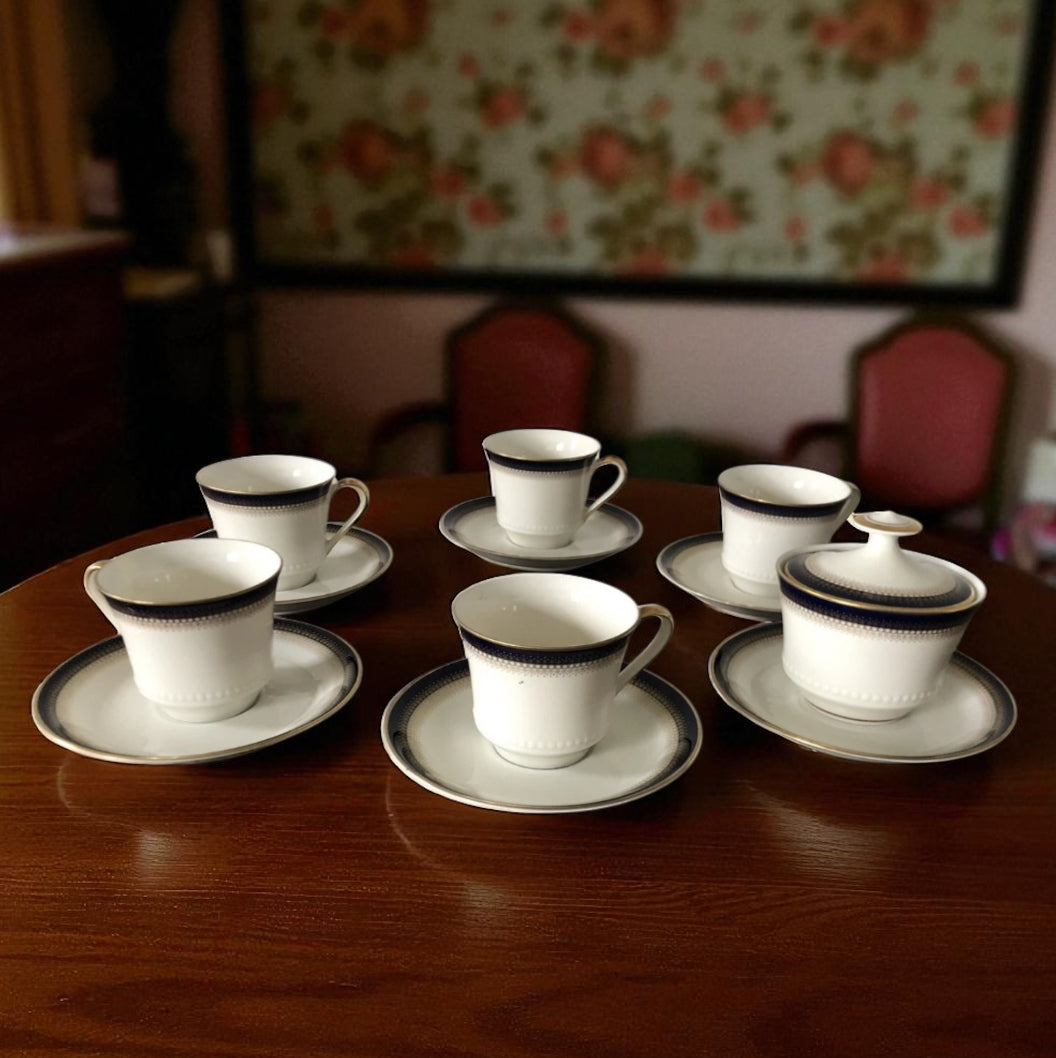 Servizio Da The Mitterteich Bavaria Vintage Oro e Blu Tazze Piattini Zuccheriera