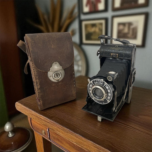 Antica Fotocamera A Soffietto Balda 6x9 Epoca Vintage Nera Con Custodia
