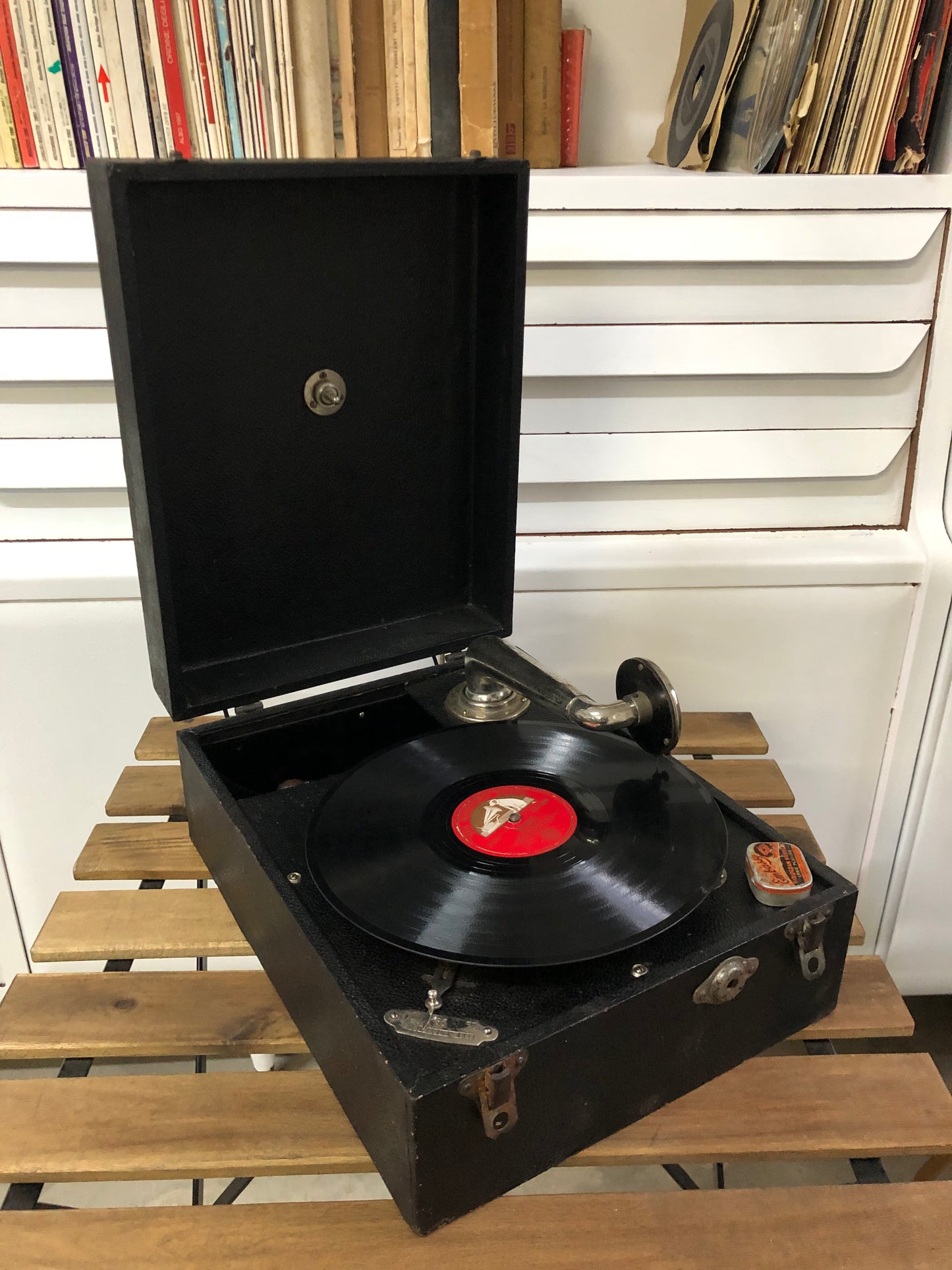 Antico Grammofono Portatile Da PicNic Vintage Epoca Anni 50 Nero Per Dischi 78