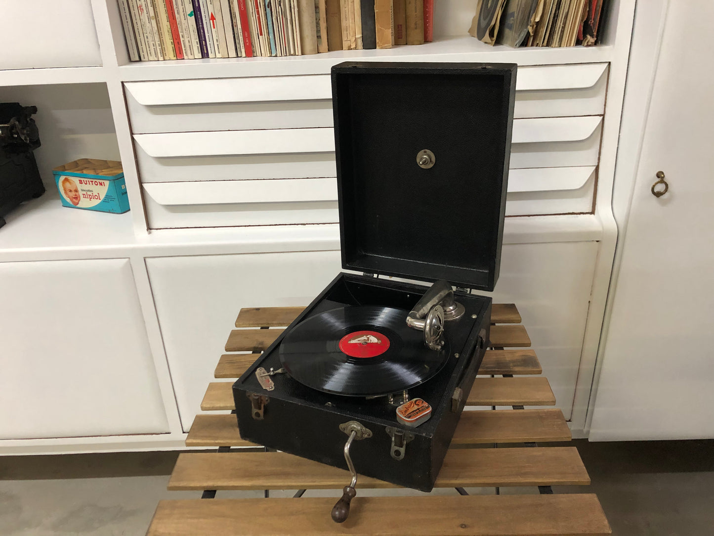Antico Grammofono Portatile Da PicNic Vintage Epoca Anni 50 Nero Per Dischi 78