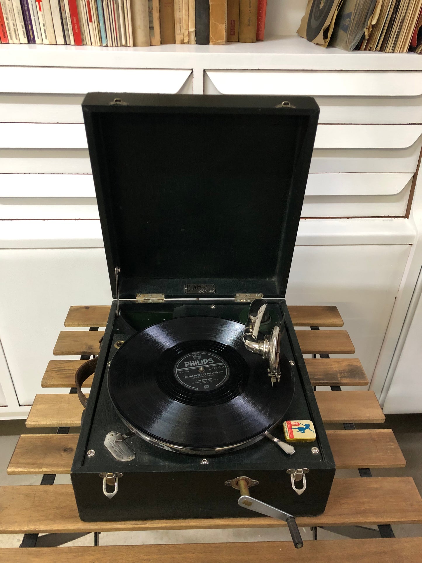 Grammofono Antico Portatile Da PicNic Vintage Epoca Diamond Pathe Nero 78 giri