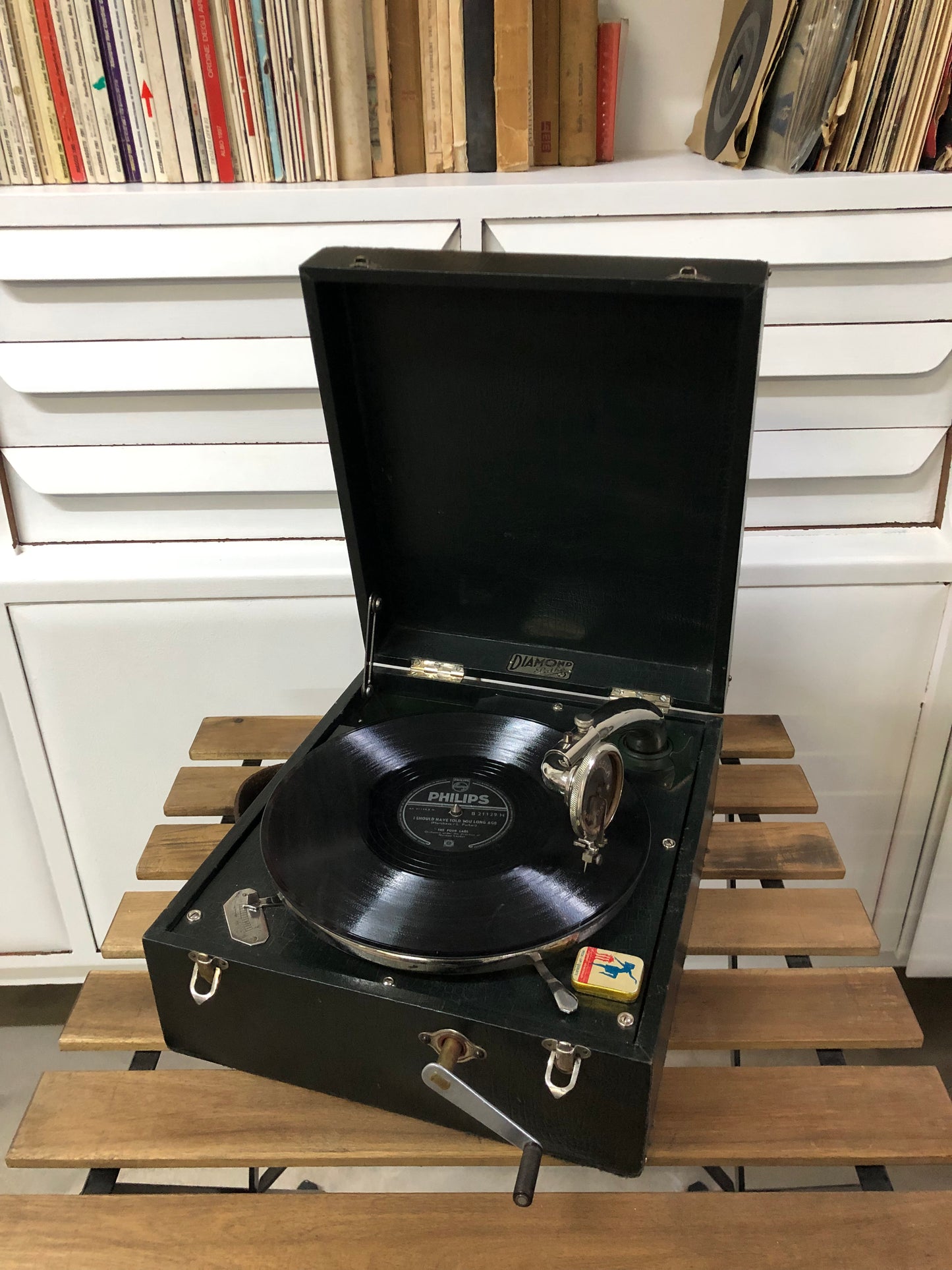Grammofono Antico Portatile Da PicNic Vintage Epoca Diamond Pathe Nero 78 giri
