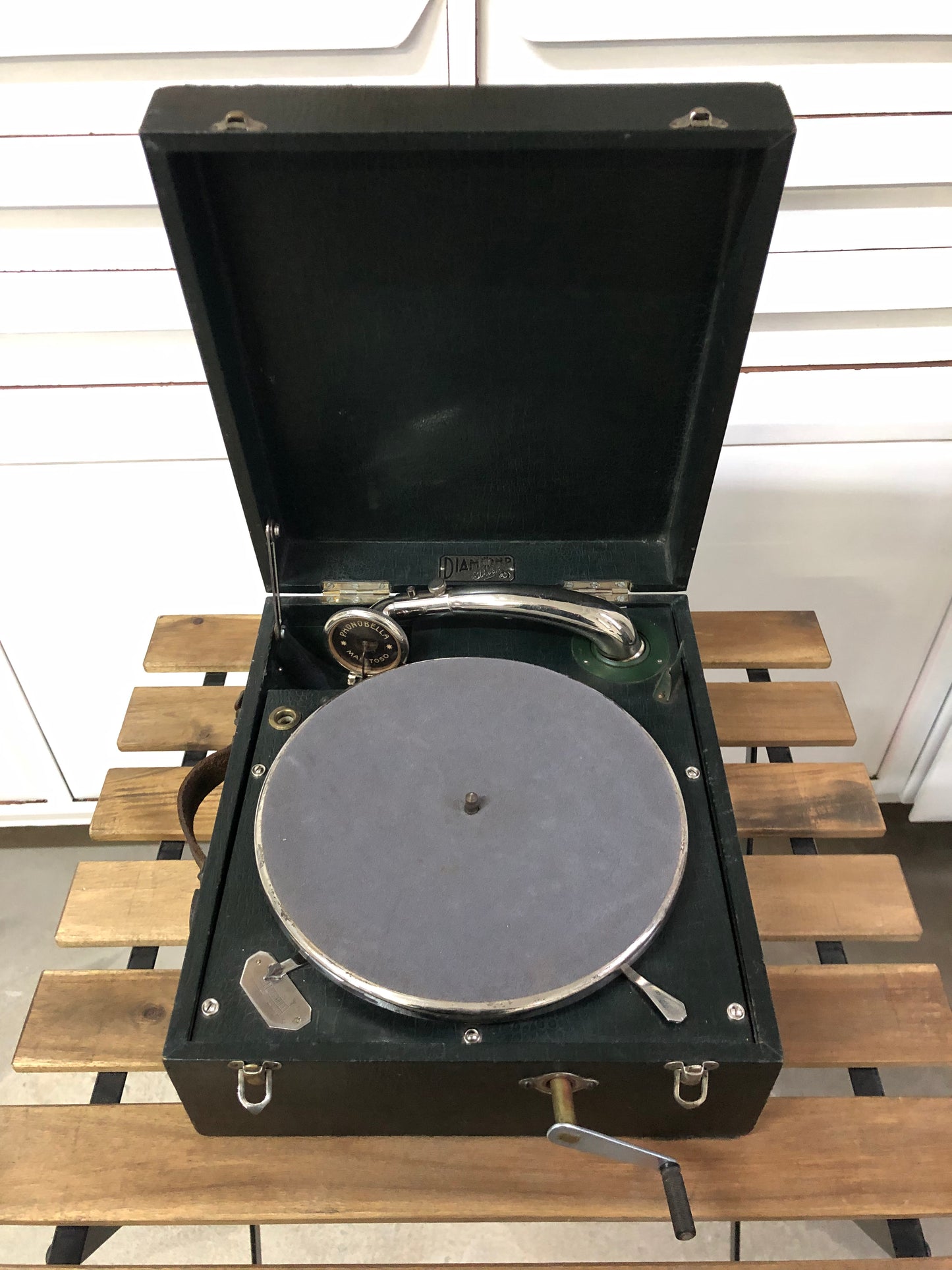 Grammofono Antico Portatile Da PicNic Vintage Epoca Diamond Pathe Nero 78 giri