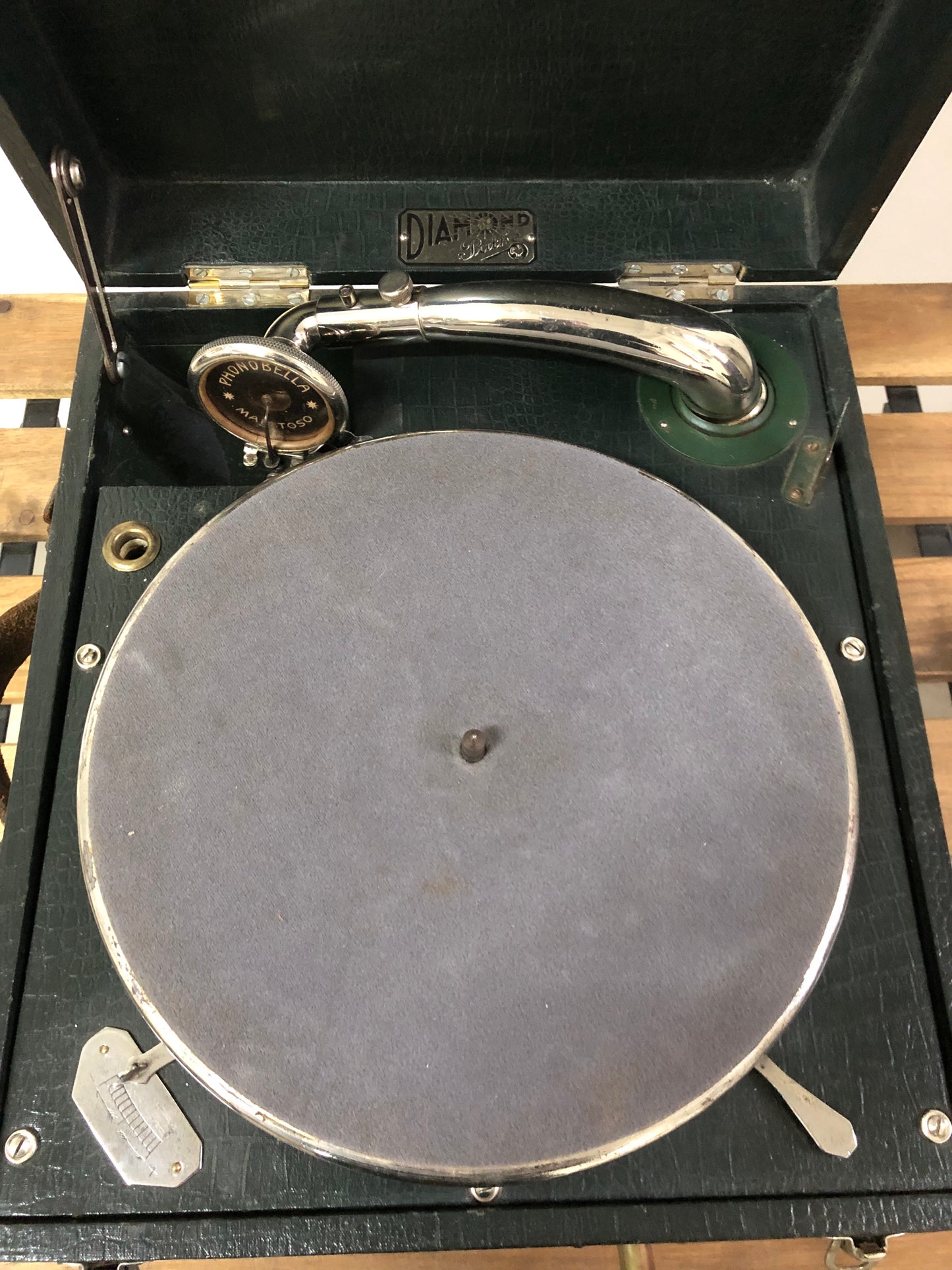 Grammofono Antico Portatile Da PicNic Vintage Epoca Diamond Pathe Nero 78 giri