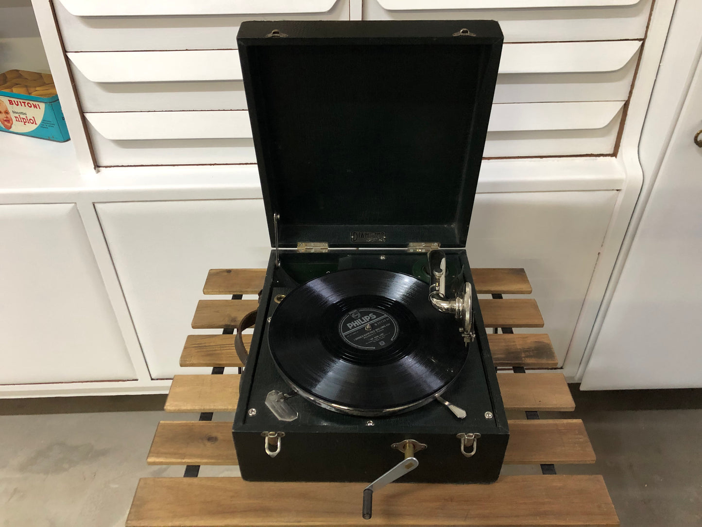 Grammofono Antico Portatile Da PicNic Vintage Epoca Diamond Pathe Nero 78 giri