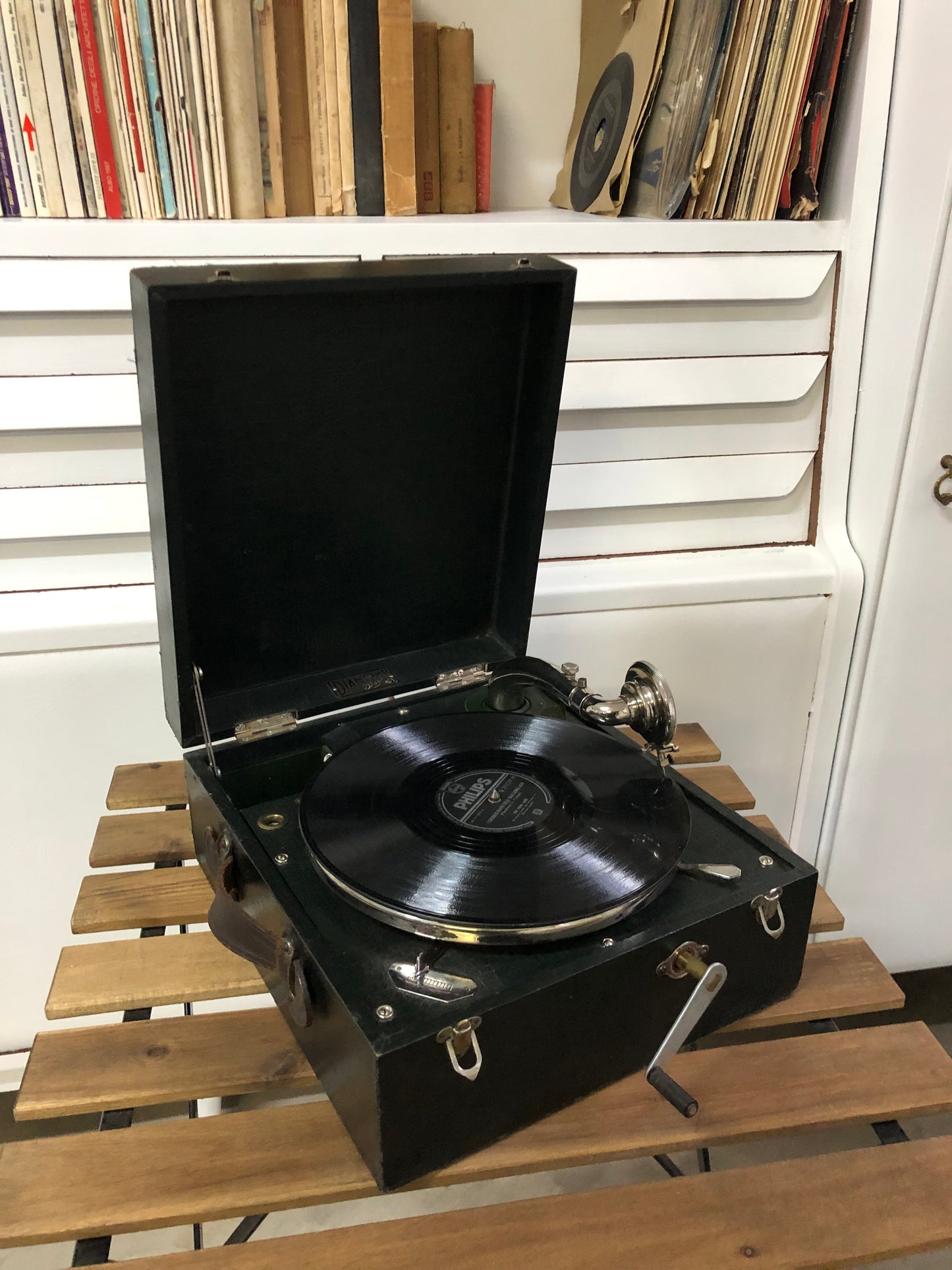 Grammofono Antico Portatile Da PicNic Vintage Epoca Diamond Pathe Nero 78 giri