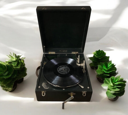 Grammofono Antico Portatile Da PicNic Vintage Epoca Diamond Pathe Nero 78 giri