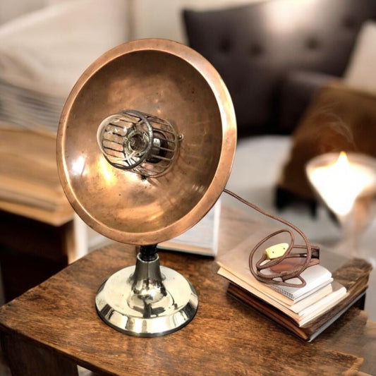 Antica Lampada Da Tavolo Stufa Radiante Vintage Epoca Metallo Rame Con Cavo