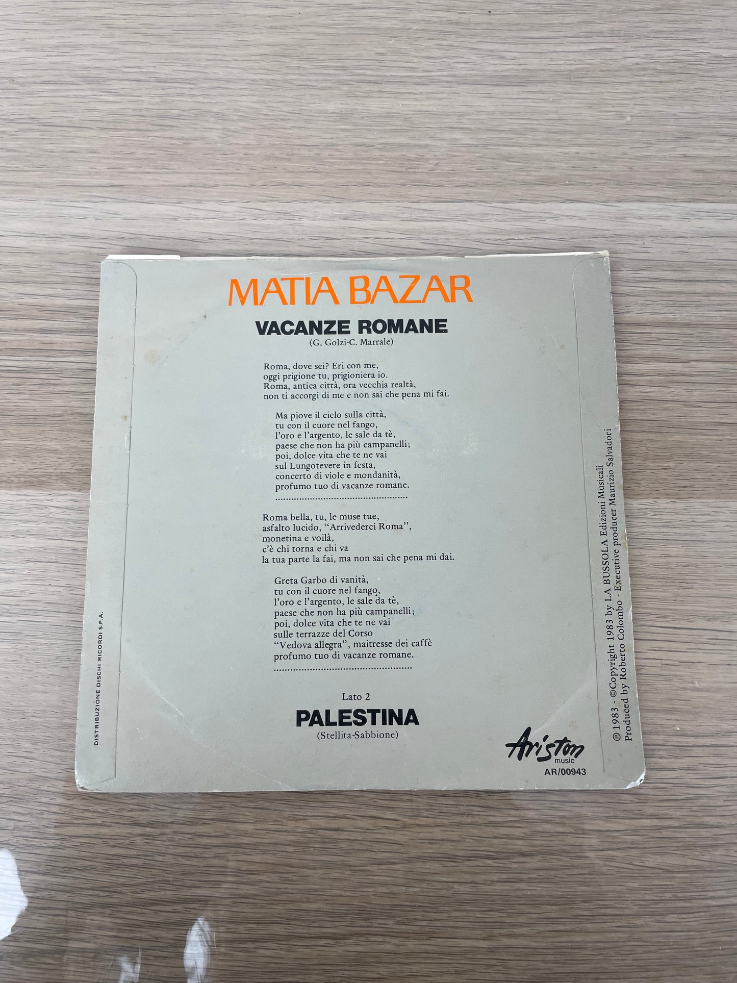 Disco 45 giri vinile Matia Bazar Vacanze Romane e Palestina 1983