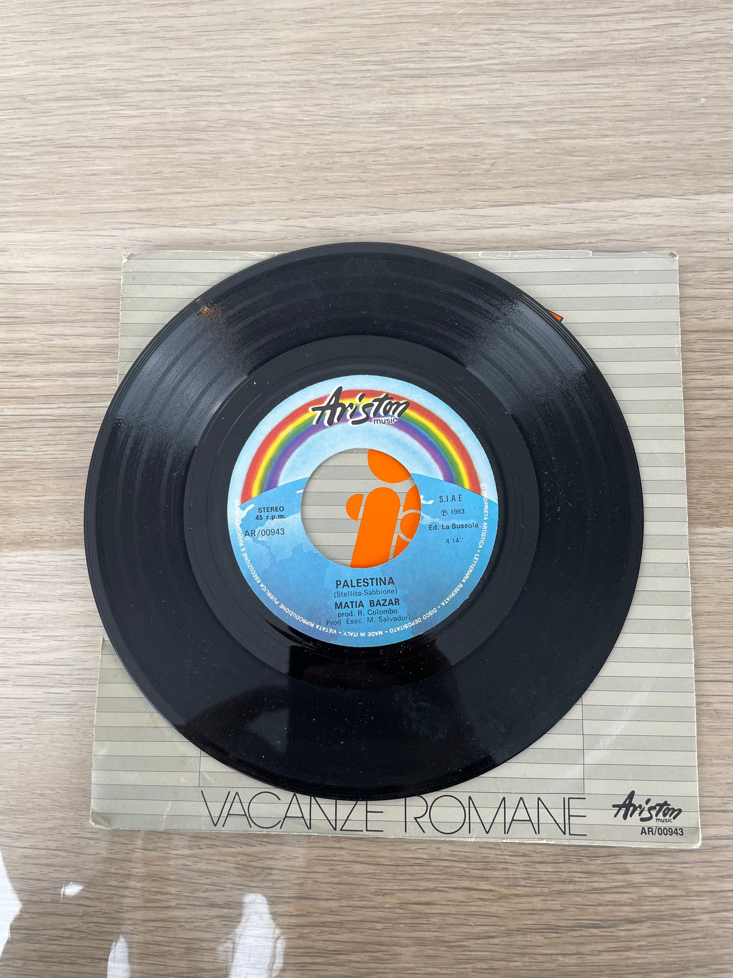 Disco 45 giri vinile Matia Bazar Vacanze Romane e Palestina 1983