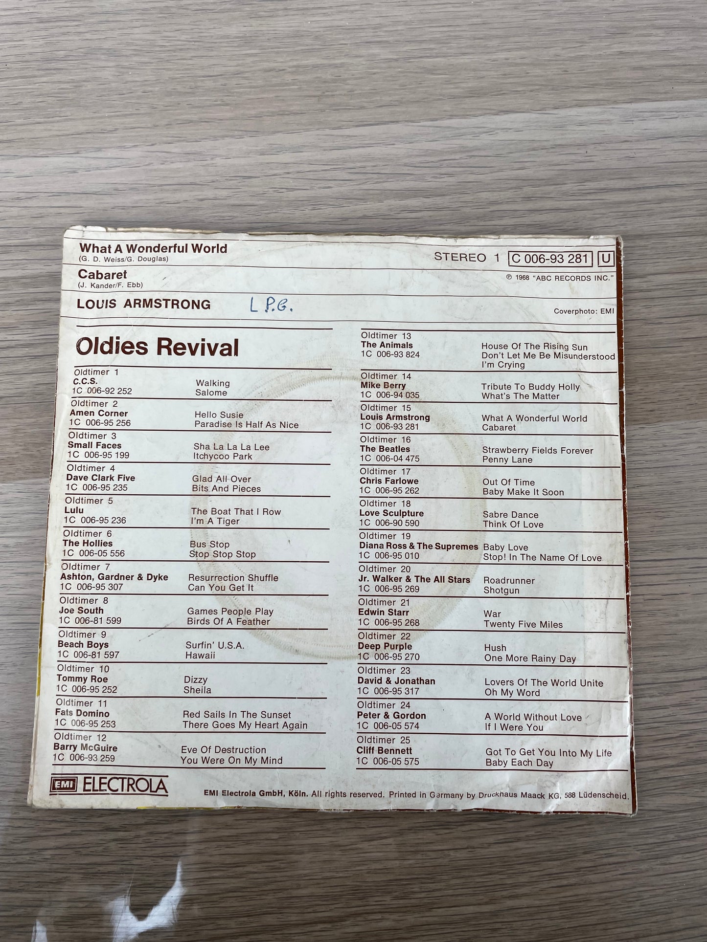 Disco 45 giri vinile Louis Armstrong What A Wonderful World Cabaret 1967