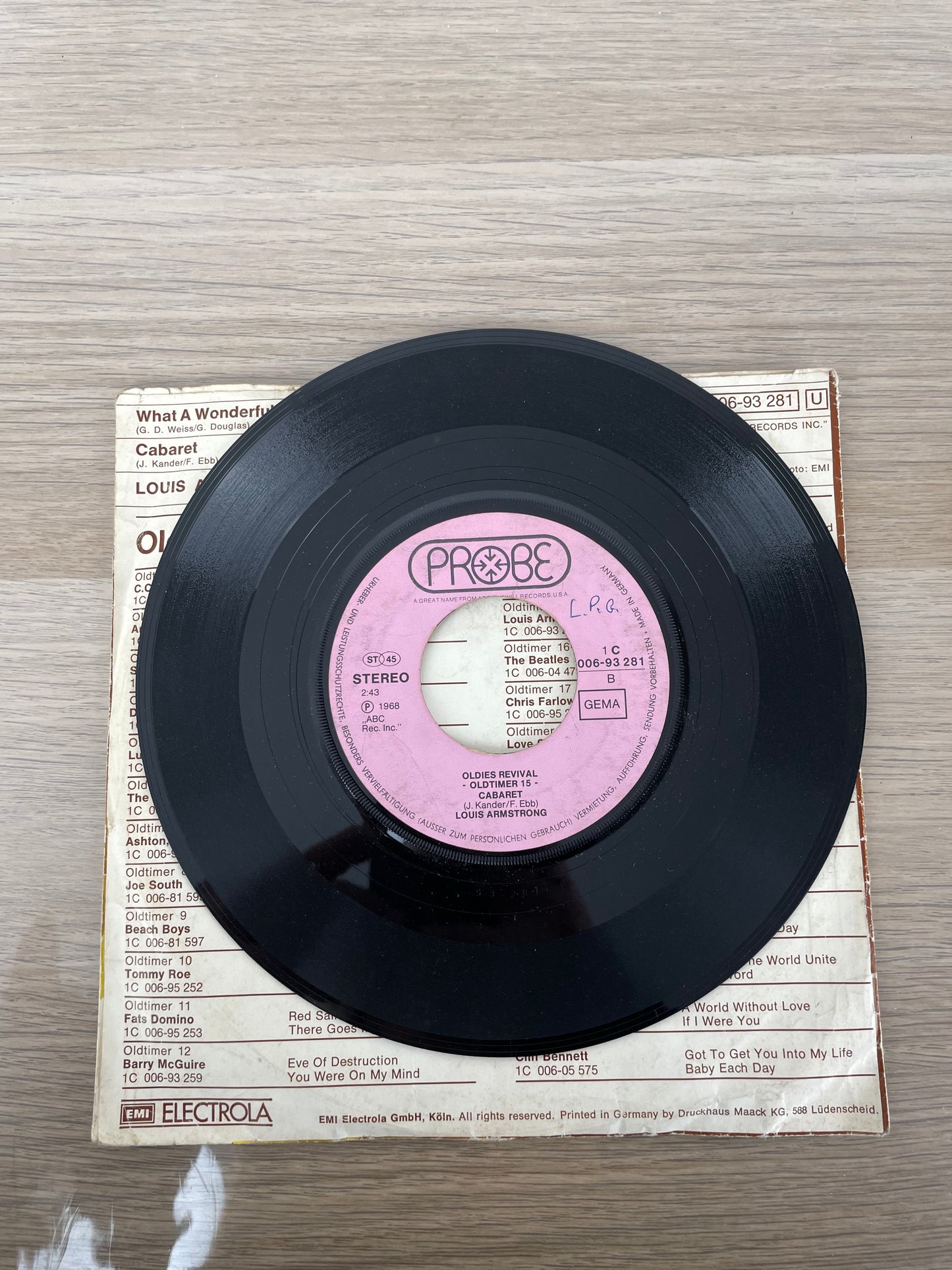 Disco 45 giri vinile Louis Armstrong What A Wonderful World Cabaret 1967