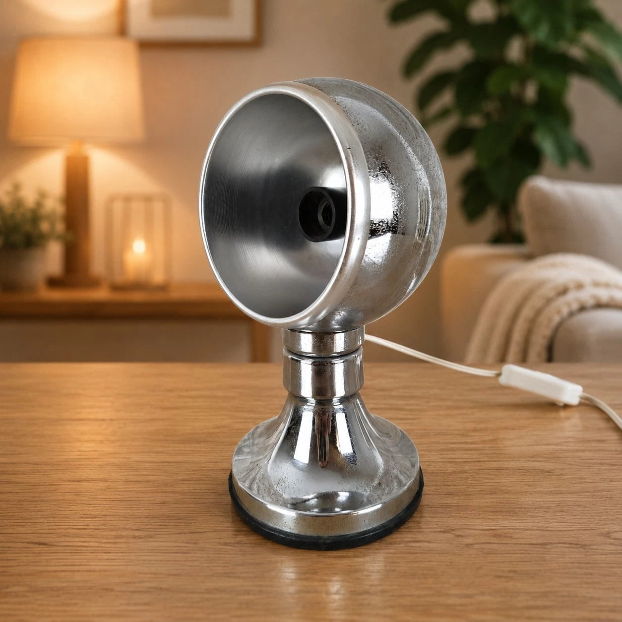 Lampada Da Tavolo Space Age Abat-jour Anni 70 Argento Eyeball Design Con Cavo