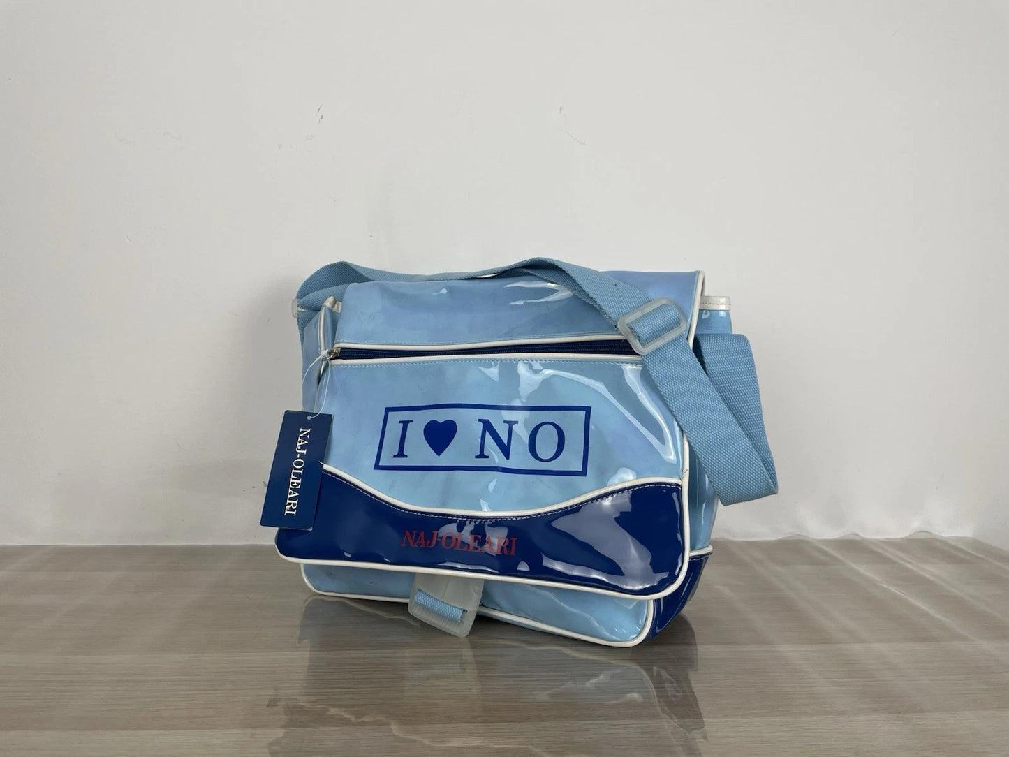 Borsa Naj Oleari I Love No Azzurra PVC Postina Tracolla Vintage Cartella Scuola