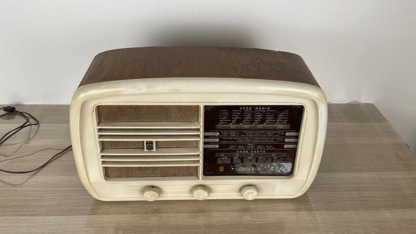 Antica Radio D'Epoca Minerva 525/2 Vintage Valvolare Anni 50 In Legno Solo AM