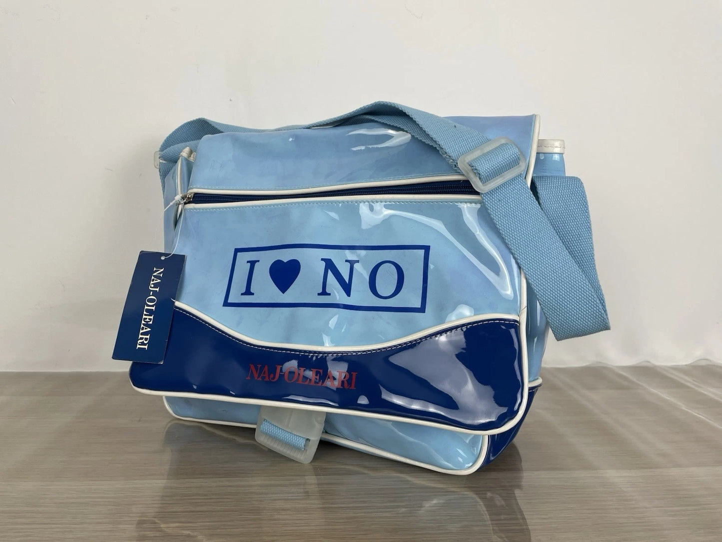 Borsa Naj Oleari I Love No Azzurra PVC Postina Tracolla Vintage Cartella Scuola