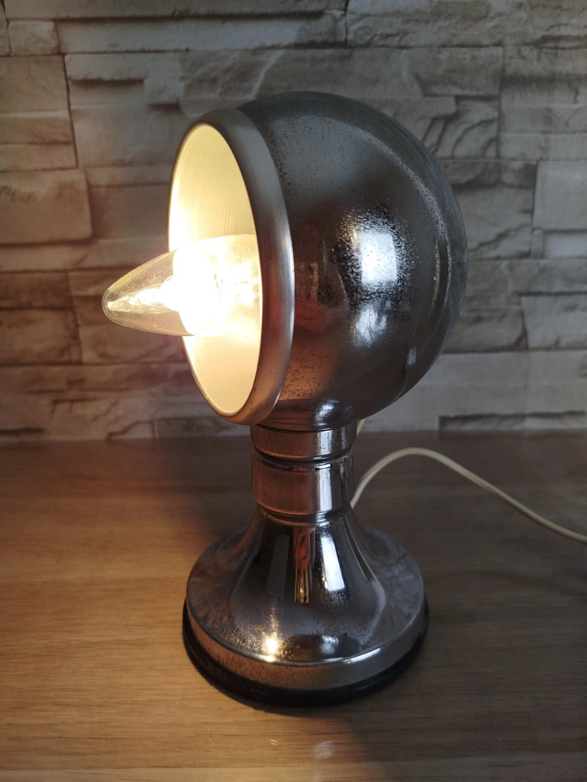 Lampada Da Tavolo Space Age Abat-jour Anni 70 Argento Eyeball Design Con Cavo